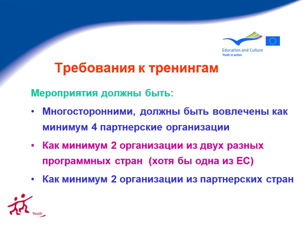 Требования к тренингам Мероприятия должны быть: Многосторонними, должны быть вовлечены как минимум 4 партнерские